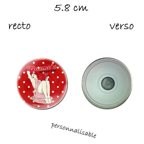 1 magnet 58 mm, image  pin up, rouge à pois blanc, chic, retro ,vintage, glam 