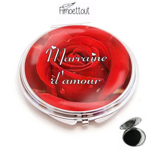 Miroir de poche refermable , cabochon resine marraine d'amour rose rouge(texte personnalisable) 