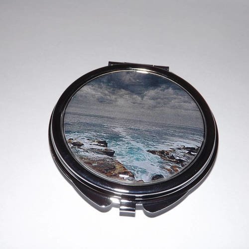 Miroir de poche 6 cm * cabochon résine 5cm * paysage * mer * brume 