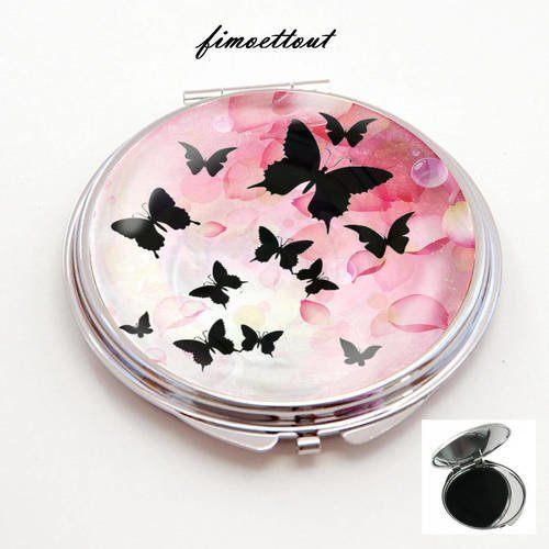 Miroir de poche cabochon,silhouette papillon butinant 
