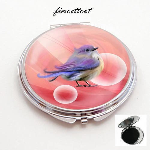Miroir de poche refermable , cabochon resine oiseau à jolie plume violette et bleue 