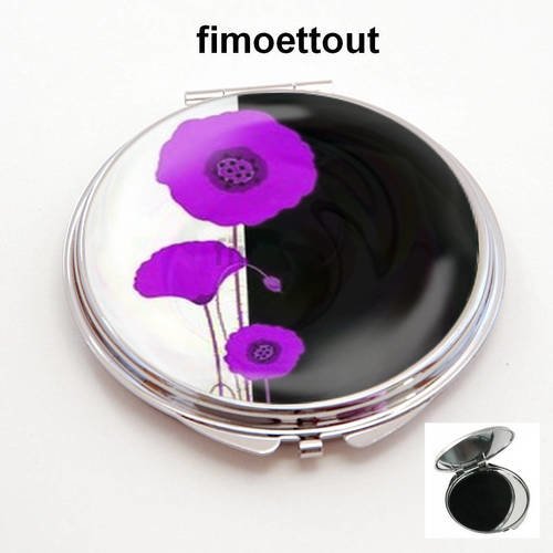 Miroir de poche refermable , cabochon resine coquelicot design violet 