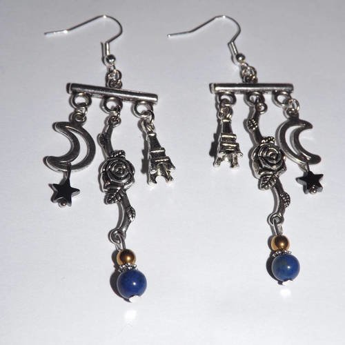 Bijou de créateur boucle d'oreille coloris argenté, "balade nocturne au trocadero" perle lapis lazuli,hematite 