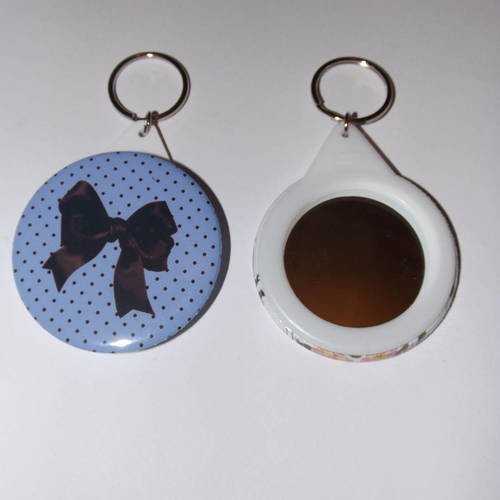 Porte clef badge avec miroir au dos 58mm, pois et noeud bleu (autre couleur possible) 