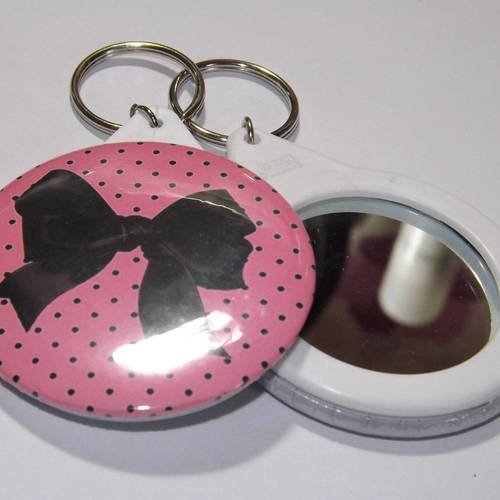 Porte clef avec miroir au dos 58mm noeud a pois rose et noir 