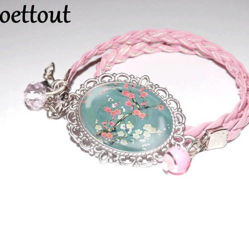 Bracelet simili cuir tresse rose, et perle cristal ton rose,cabochon en verre,fleur de cerisier 