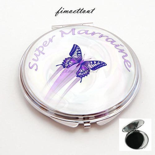 Miroir de poche refermable , cabochon resine super marraine, papillon violet 