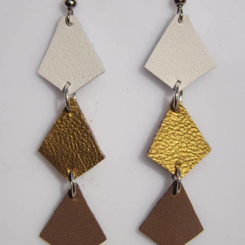 Boucles d'oreilles cuir "sidney" ,forme diamant, blanc doré marron, bijoux réalisés à la main 