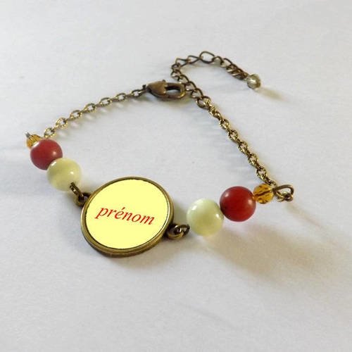 Bracelet de créateur "hot color" cabochon en verre, texte au choix ,prénom, cristal verre et jade rouge 