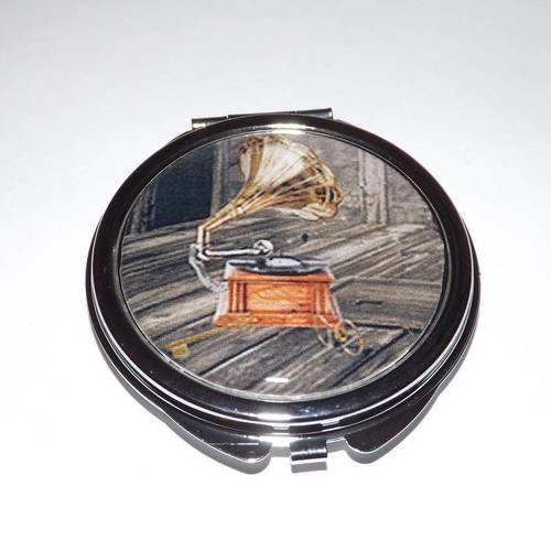 Miroir de poche refermable , cabochon resine , retro vintage ,gramaphone 