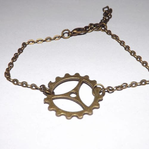 Bracelet fin métal bronze, steampunk, engrenage 