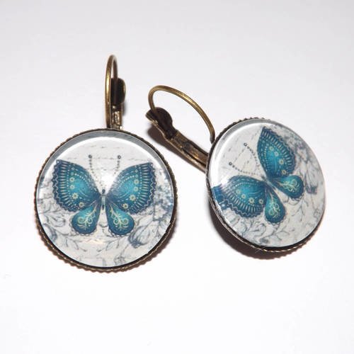 Boucle d'oreille papillon ,cabochon en verre 2cm,shabby romantique 