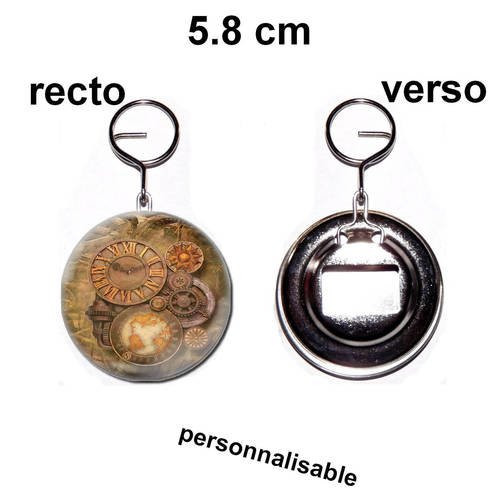 Porte clef badge avec décapsuleur au dos 58mm,steampunk,horloge, engrenage 