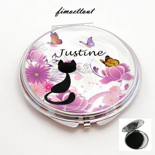 Miroir de poche refermable , cabochon resine avec prenom au choix , chat fleur et papillon 