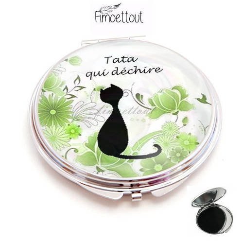 Miroir de poche refermable , cabochon resine chat ,fond vert, texte tata qui déchire (personnalisable) 