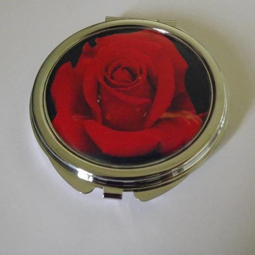 Miroir de poche ,sac cabochon resine,rose rouge sensuel et romantique 