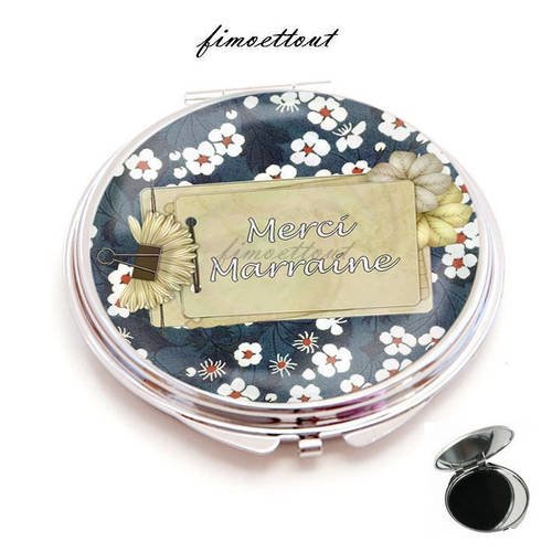 Miroir de poche 6 cm * cabochon résine 5cm * merci marraine etiquette fleur beige liberty bleu a fleur blanche 