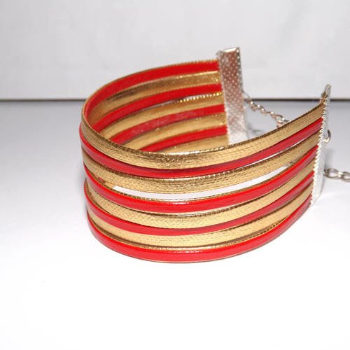 Manchette/ bracelet à lannière doré et rouge, imitation cuir ,8 rangs 