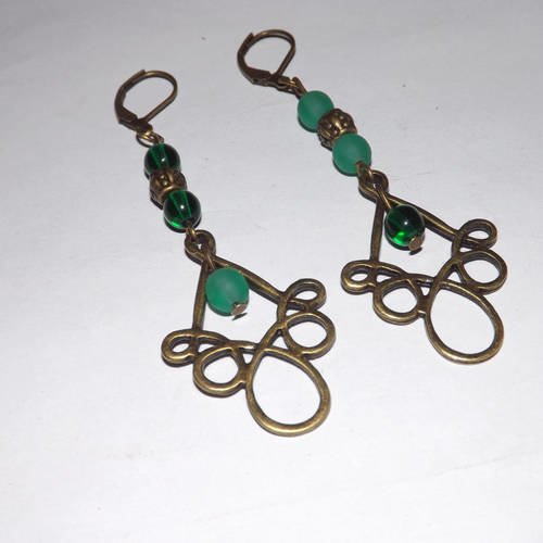 Bijou de créateur boucle d'oreille pendante ,coloris bronze,"blandine" ton vert à contraste 