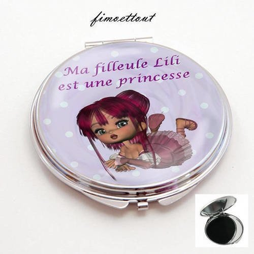 Miroir de poche refermable , cabochon resine ma filleule + prénom est une princesse 