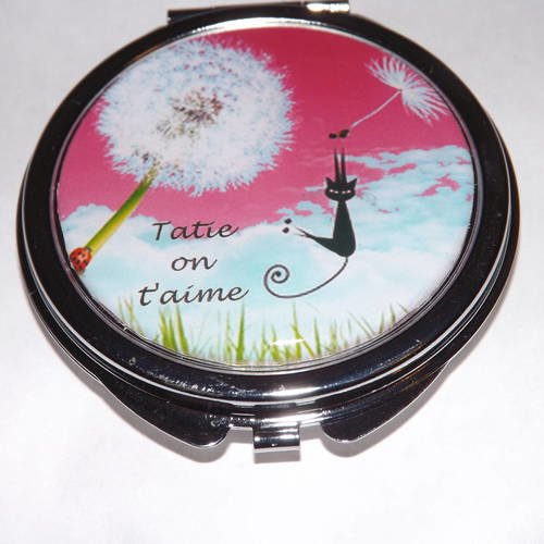 Miroir de poche refermable , cabochon resine chat tatie on t'aime 