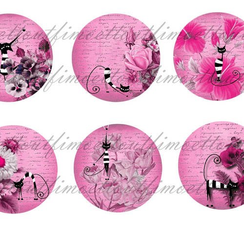 36image digitale cabochon chat floral sur page ancien rose(envoi mail) 