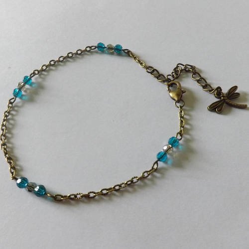 Chaine de cheville/bracelet de cheville libellule d'été,cristal bleu et gris fumé 