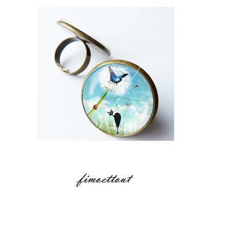 Jolie bague cabochon en verre chat et dandelion, papillon ciel bleu 