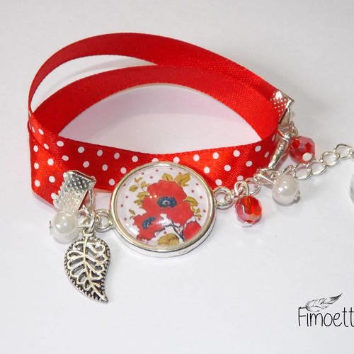Bracelet en tissus rouge à pois, 2 tours, avec cabochon en verre 2cm, feuille et perle de verre , coquelicot 