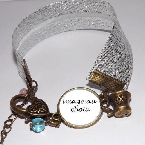 Jolie bracelet biais argenté cabochon verre, le chat d'alice , tasse , perle verre bleu et rose 