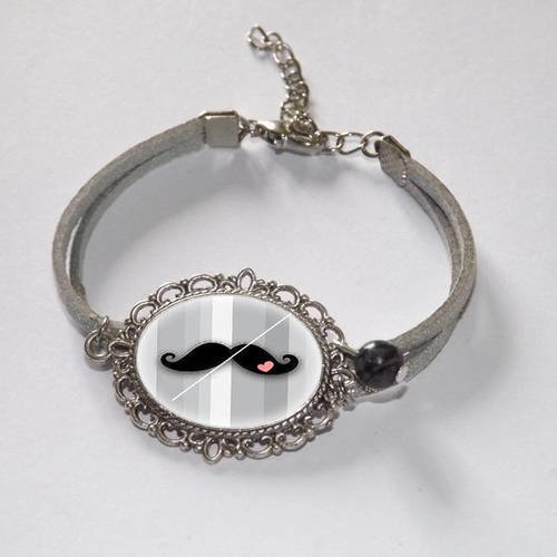 Bracelet en suédine argenté, cabochon en verre, moustache romantique, perle jaspe 