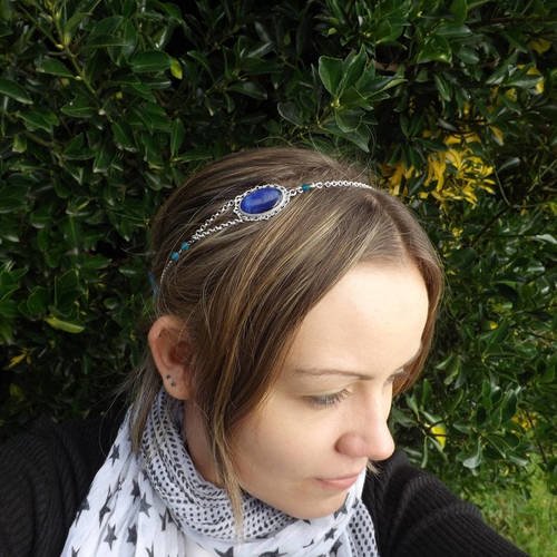 Jolie headband bijoux de cheveux, accessoire vintage, "clair de lune" cabochon en verre bleu pailleté, perle cristal bleu 