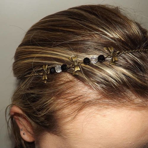 Jolie headband bijoux de cheveux, accessoire vintage romantique noeud , perle cristal noir et transparente 
