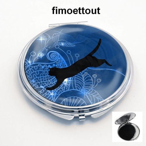 Miroir de poche cabochon resine chat fond bleu 
