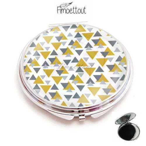 Miroir de poche , cabochon resine graphique triangle jaune 
