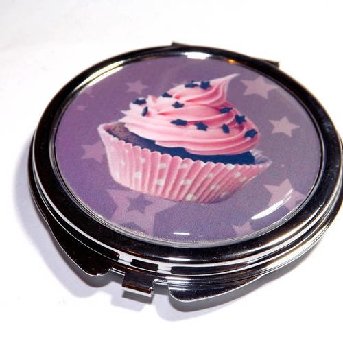 Miroir de poche refermable , cabochon resine , cupcake rose ,etoile 