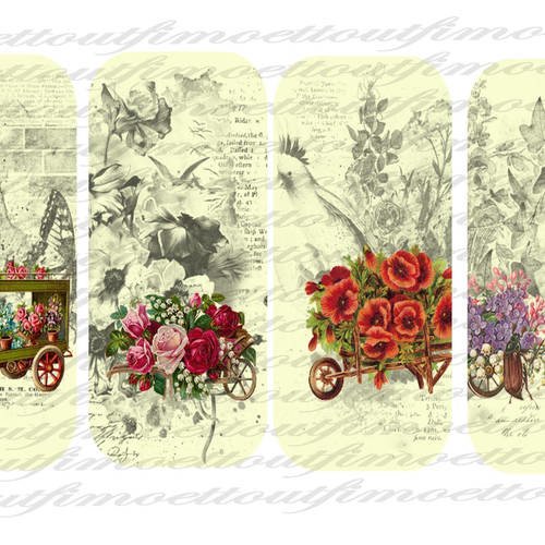 4 marques page digitale cariole fleurie,fleur,été ,retro,vintage(envoi mail) 