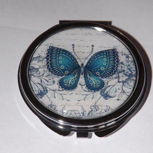 Miroir de poche refermable , cabochon resine jolie papillon bleu , romantique , shabby , 