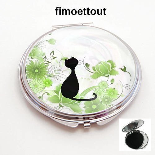 Miroir de poche cabochon resine chat fond vert 2 