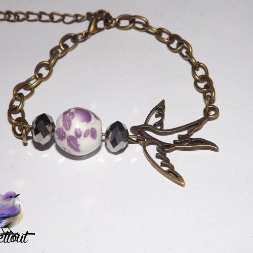Jolie bracelet hirondelle de printemps, perle en verre motif fleur , et perle cristal argenté 