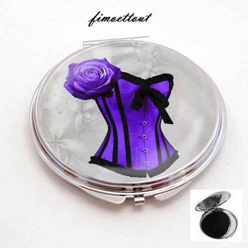 Miroir de poche refermable , cabochon resine ,corset sexy , rose, ton violet (autres couleur possible) 