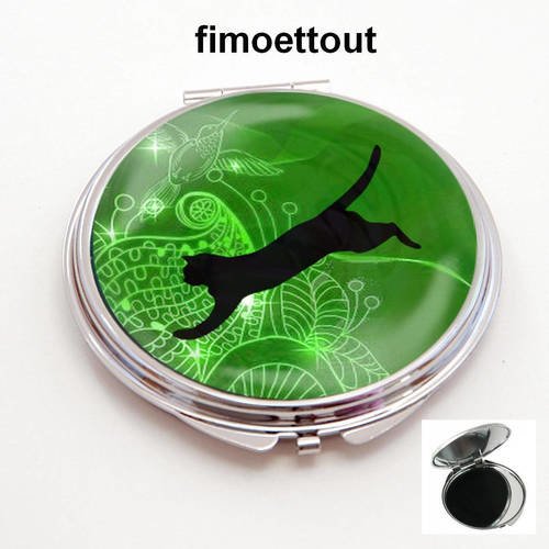 Miroir de poche cabochon resine chat fond vert 