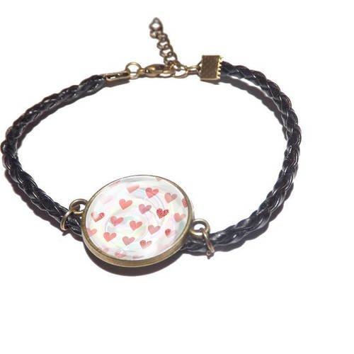 Jolie bracelet simili cuir tresse noir , avec cabochon en verre rond 18mm ,coeur (personnalisable) 