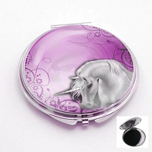 Miroir de poche cabochon,licorne sur fond violet 