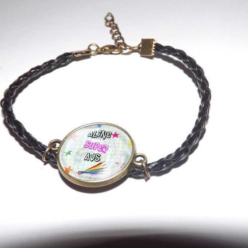 Jolie bracelet simili cuir tresse noir , avec cabochon en verre rond 18mm ,super avs personnalisable 