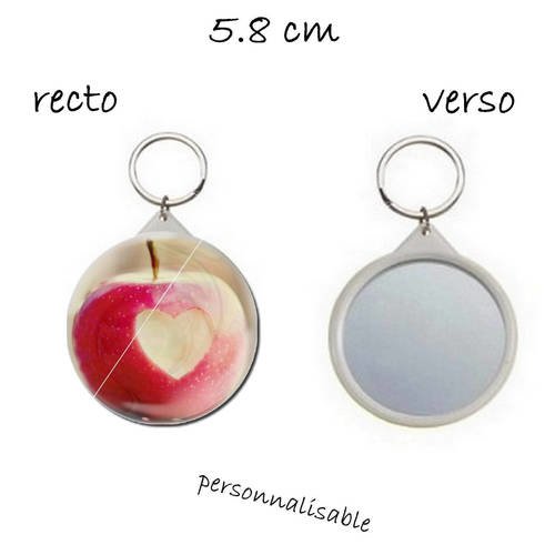 Porte clef badge avec miroir au dos 58mm,,coeur de fruit , pomme d'amour 