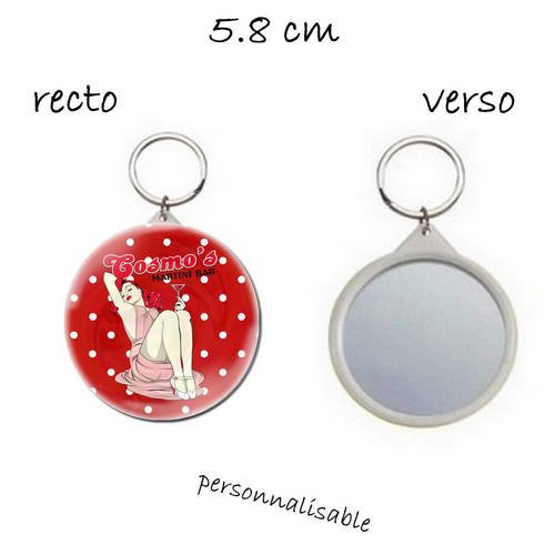 Porte clef avec miroir au dos 58mm, pin up , pois rouge et blanc ,vintage,tendance, glamour 
