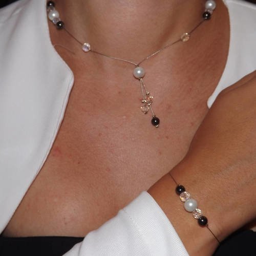 Charmante parure collier et bracelet de soirée ou mariage "dark beauty",avec perle cristal,hematite, verre possibilité autre couleur selon 