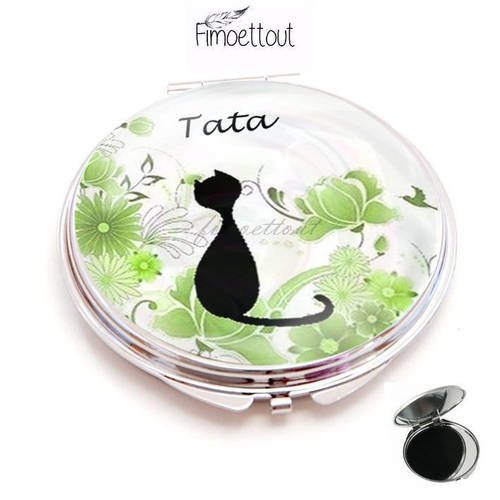 Miroir de poche refermable , cabochon resine chat ,fond vert, texte tata (personnalisable) 