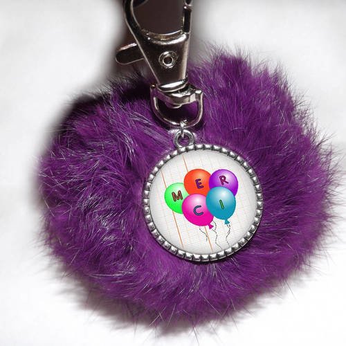 Bijoux de sac pompon fourrure violet * porte clé * merci , ballon coloré 